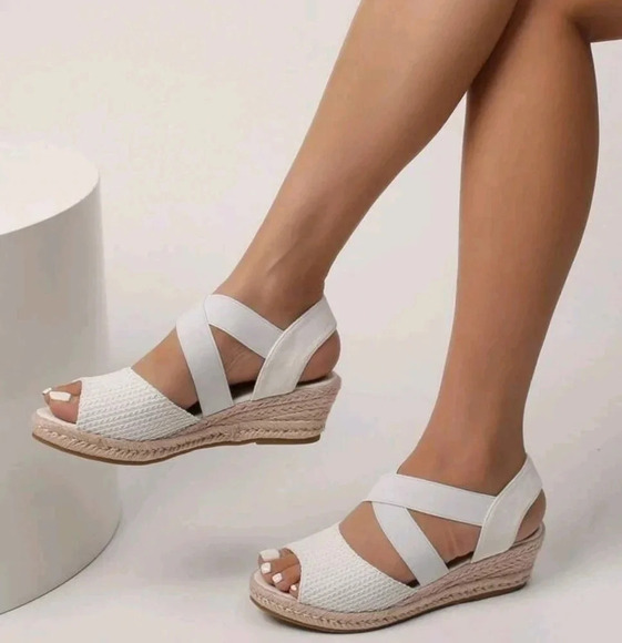 Ankle Strap Wedge Sandals, White Vacation Style Plain Wedge Sandals - Picture 2 of 6